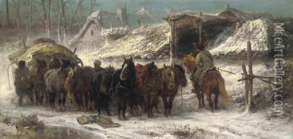 Cossaks Changing The Wagon Team Oil Painting - Adolf Schreyer
