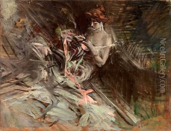 The Ball Gown - Interior With Young Girl Sewing Oil Painting - Giovanni Boldini