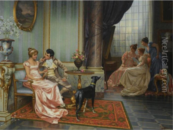 Interior With Elegant Figures Oil Painting - Vittorio Reggianini