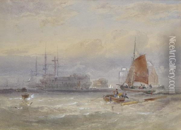 Hulks In Portsmouth Harbour Oil Painting - Edwin Hayes