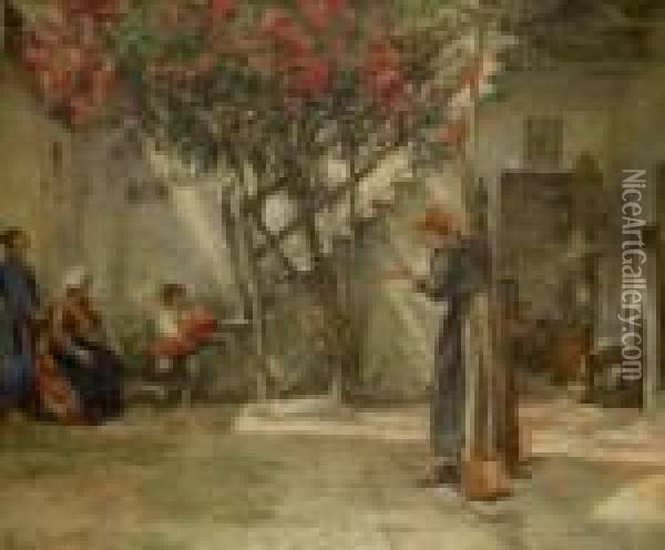 Anderson : Figures In A Mediterranean Courtyard Oil Painting - Cilius Andersen