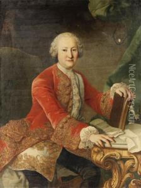 Portrait Of A Gentleman, Seated 
Three-quarter Length, Wearing A Redvelvet Brocade Jacket And A White 
Satin Brocade Waistcoat And Lacecravat, Beside A Marble Topped Table, 
His Hand Resting On Abook Oil Painting - Ircle Of Martin Van Mytens