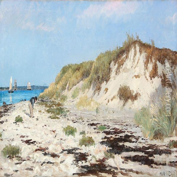 Beach Scene With A Man Digging Worms, In The Background The Great Sound With Sailing Ships Oil Painting - Carl Locher
