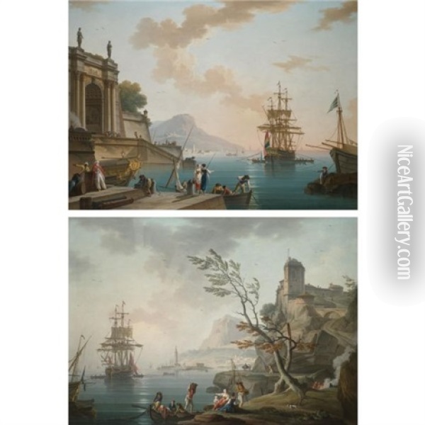 Morning: A View Of A Mediterranean Port At Sunrise With Figures Gathered On The Nearside Quay (+ Evening: A View Of A Mediterranean Port At Dusk, With Figures Unloading Cargo From A Rowing Boat Onto T Oil Painting - Charles Francois Lacroix