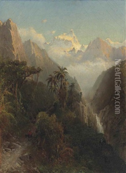 Travellers On A Pass By A Gorge In The Andes Oil Painting - Henry A. Ferguson