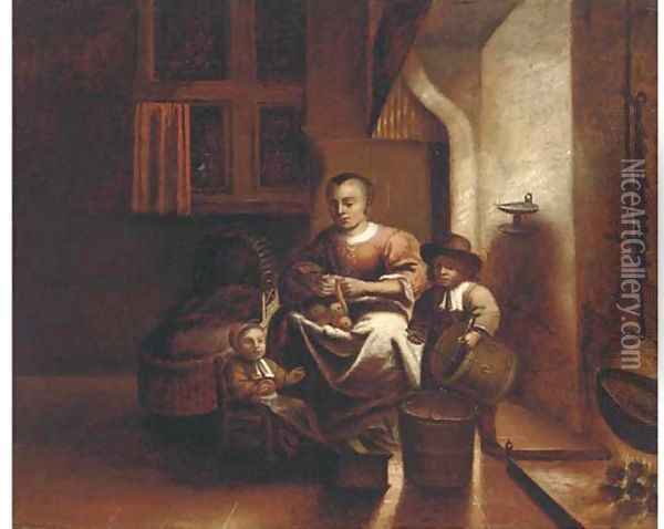 A kitchen interior with a woman and children Oil Painting - Reinier or Reynier Coveyn or Covyn