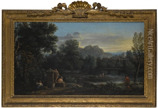 A Wooded Classical Landscape With Figures Resting In The Foreground And Bathing In The River, A Town Beyond Oil Painting - John Wootton