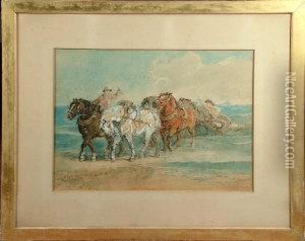 Two Men Employing Horses To Salvage Spars From A Shipwreck Oil Painting - Harden Sidney Melville
