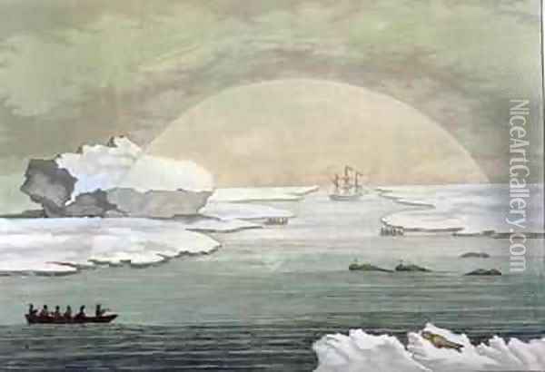 An iced in British whaleboat is liberated by the suns rays Baffin Bay Oil Painting - Paolo Fumagalli