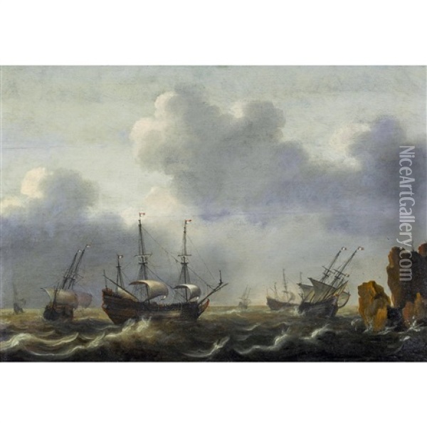 Hollandische Segelschiffe Vor Felsiger Kuste Oil Painting - Jacob Gerritz Loef
