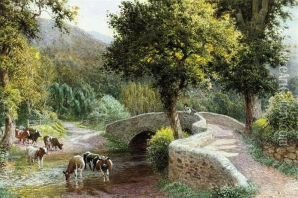 Cows Watering By Dunstar Bridge, Somerset Oil Painting - Arthur Claude Strachan