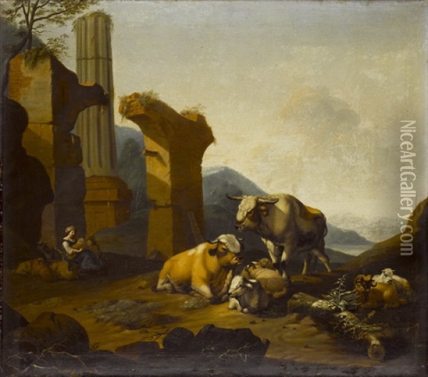 Hirtin Mit Vieh Vor Einer Ruine In Weiter Landschaft Oil Painting - Jan Asselijn
