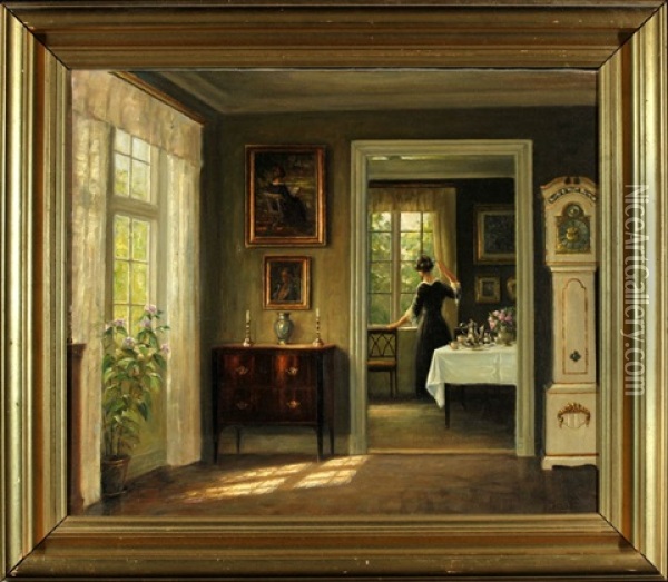 Interieur Mit Frau Am Fenster Oil Painting - Hans Hilsoe