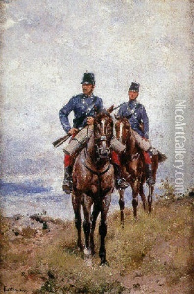 Soldados A Caballo Oil Painting - Enrique Estevan Y Vicente