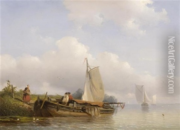 Hollandische Flusslandschaft Mit Booten Oil Painting - Frans Arnold Breuhaus de Groot