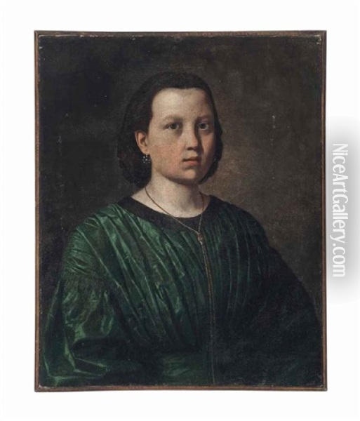 Portrait Of A Young Woman, Half-length, In A Green Dress And A Gold Necklace Oil Painting - Giuseppe Bezzuoli