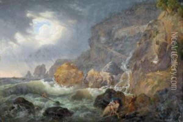 La Costiera Amalfitana Con Il Mare In Tempesta E Il Convento Deicappuccini Oil Painting - Josef Rebell