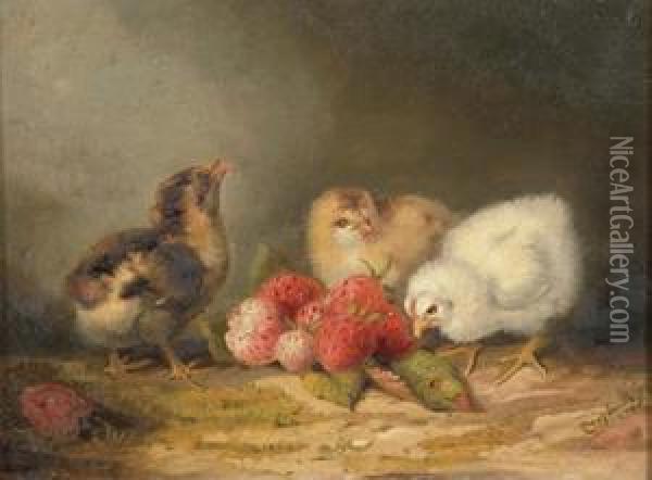 Three Chicks With Strawberries Oil Painting - Mary Russell Smith