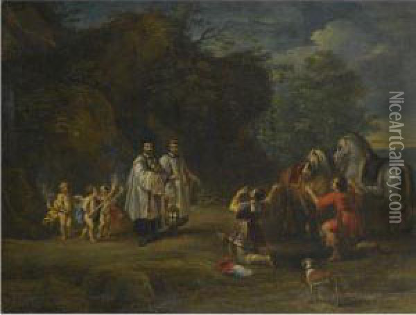 A Nobleman And His Servant Dismount To Honour The Blessed Sacrament Oil Painting - Lucas Van Uden