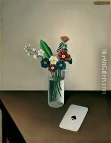 Blumenstilleben Mit Primeln Und Spielkarte Oil Painting - Josef Mangold