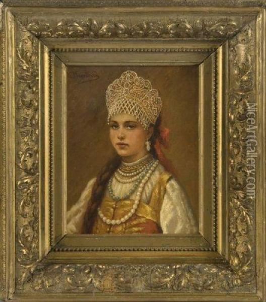 Portrait D'une Jeune Fille En Tenue Traditionnelle. Oil Painting - Konstantin Egorovich Egorovich Makovsky