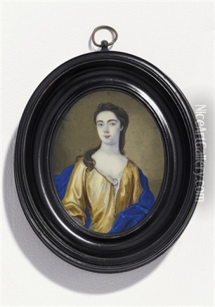 A Young Lady, In Ochre Satin Open Gown With White Lining, Fastened With A Pearl, Ruffled Linen Shift, Royal Blue Satin Mantle, Her Dark Curling Hair Falling Over Her Right Shoulder Oil Painting - Bernard (Goupy) Lens III