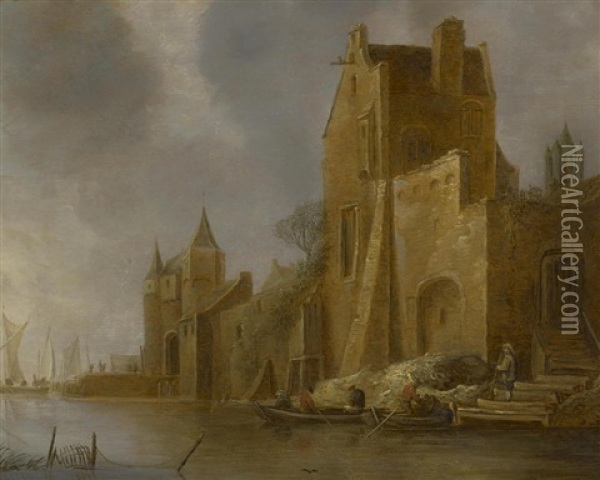 A River Scene With Buildings Oil Painting - Frans de Hulst