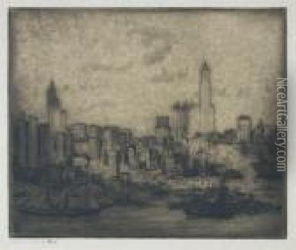 New York Skyscrapers (view Of New York From Brooklyn) Oil Painting - Hermann Struck