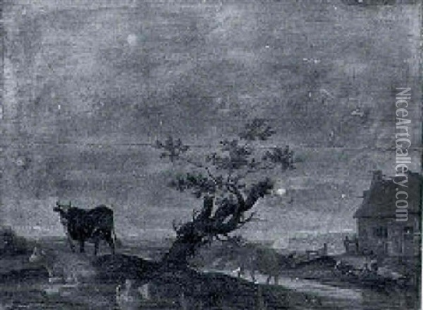 A Farmstead With Cows In A Landscape By A Blasted Tree Oil Painting - Anthonie Van Borssom