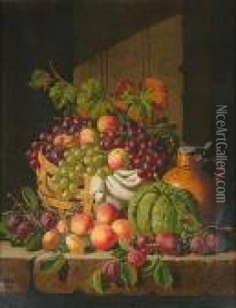 Still Life Of Fruit, A Pumpkin And An Ewer Oil Painting - Charles Thomas Bale