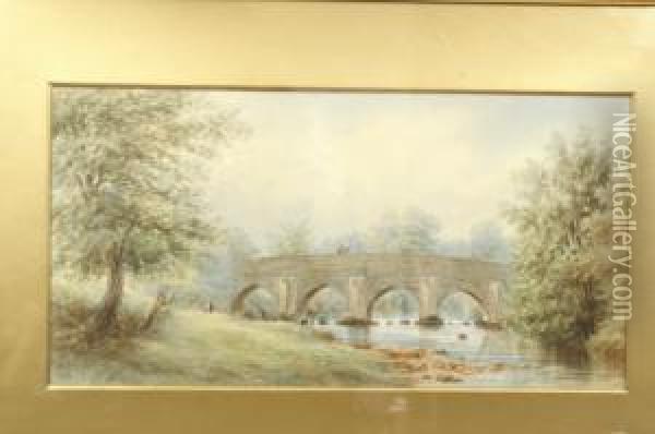The Quiet River, With Bridge And Horse And Figure Crossing Oil Painting - Ebenezer Alfred Warmington