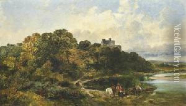 Figures And A Horse By A River, A Castle In The Distance Oil Painting - James Peel