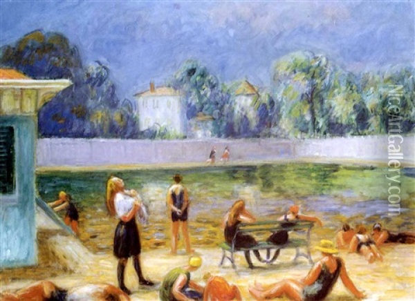 Outdoor Swimming Pool Oil Painting - William Glackens