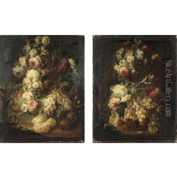 Nature Morte Con Fiori E Frutta (pair) Oil Painting - Michele Antonio Rapous
