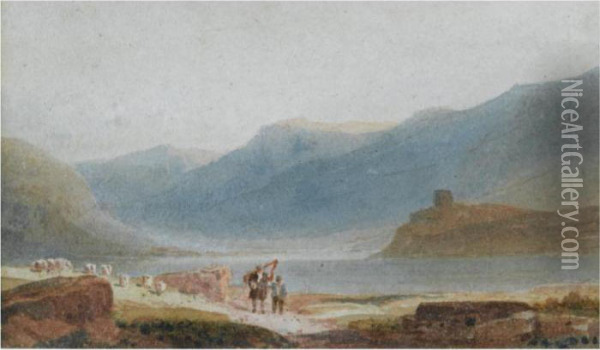 A Man With A Harp And His Son Near Dolbadern Castle, Llanberis Oil Painting - David I Cox