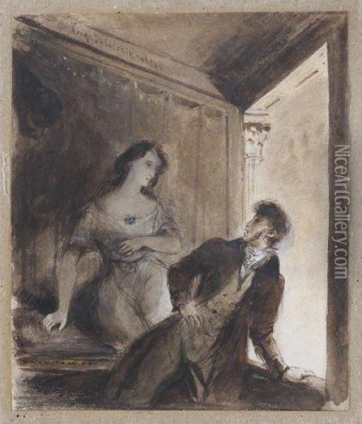 Fantome Feminin Effrayant Un Homme Dans Une Loge De Theatre Oil Painting - Eugene Delacroix