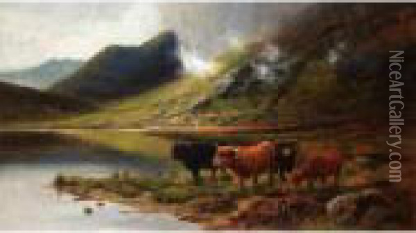 Highland Cattle On A Loch Oil Painting - Daniel Sherrin