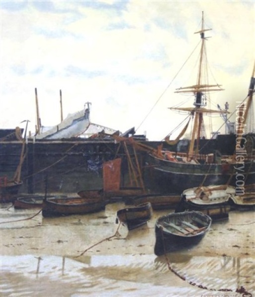 Harbour At Low Tide Oil Painting - Frederic Cayley Robinson