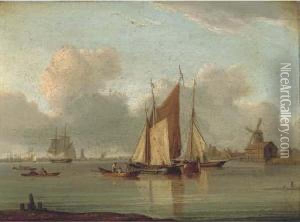 Barges In A Calm On The Estuary With A Trading Brig Beyond Oil Painting - William Anderson
