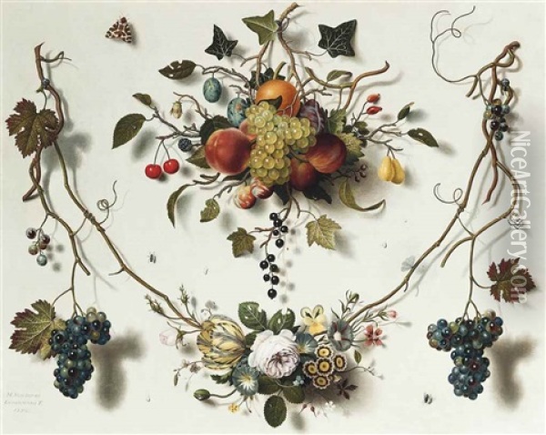 A Trompe L'oeil Of Swags Of Fruit And Flowers Pinned To A White Wall With Moths And Other Insects Oil Painting - Martin Van Dorne