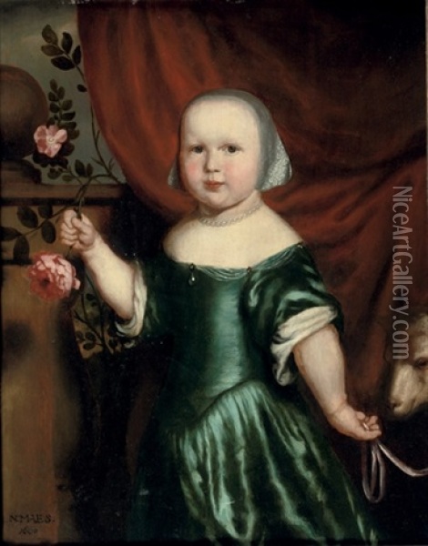 Portrait Of A Girl, In A Green Dress, Holding A Rose Oil Painting - Nicolaes Maes