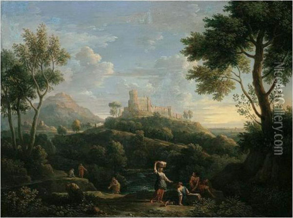 A Southern Landscape With Figures In The Foreground And A Hill-top Town Beyond Oil Painting - Jan Frans Van Bloemen (Orizzonte)