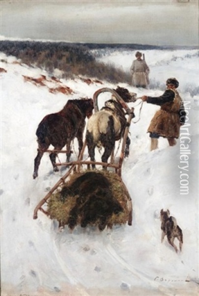 Return From The Bear Hunt Oil Painting - Sergei Semyonovich Voroshilov