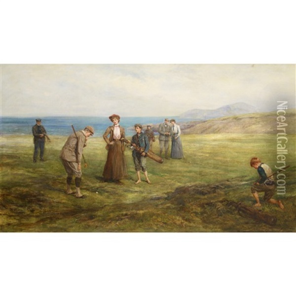 Lord Wemyss Of Elcho Golfing At North Berwick, The Island Of Craigleith In The Distance Oil Painting - Heywood Hardy
