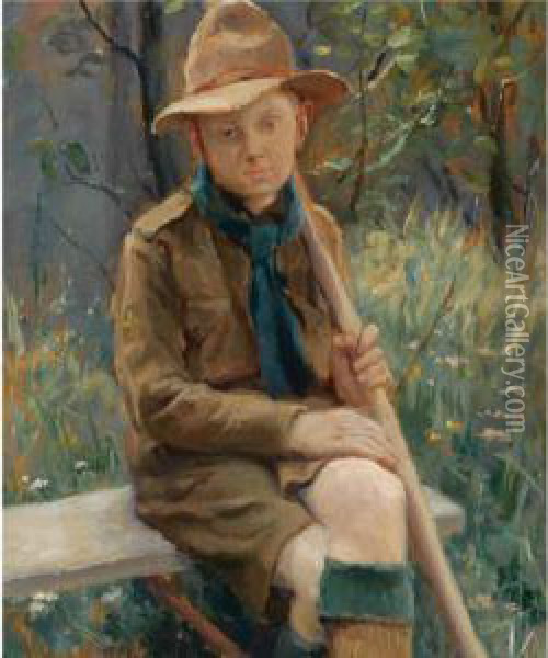 A Portrait Of Rene Strauss In A Scouting Uniform Oil Painting - Albert Roelofs