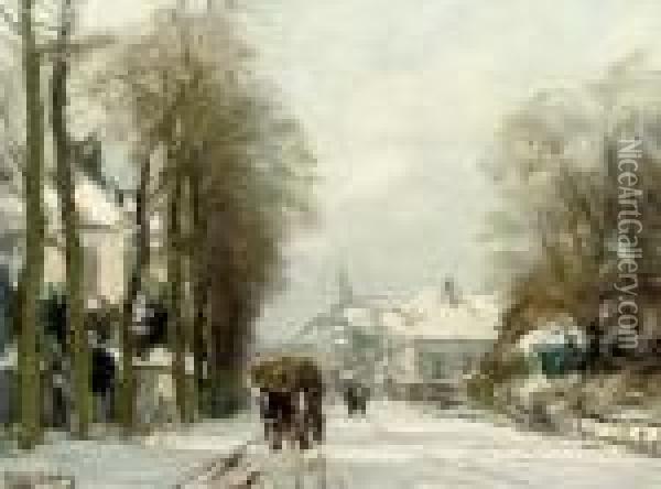 A Horse-drawn Cart In The Snow Oil Painting - Louis Apol