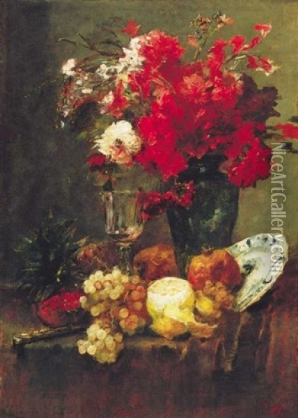 Virag- Es Gyumolcscsendelet (still Life Of Flowers And Fruit; Collab. W/karlovszky Bertalan) Oil Painting - Mihaly Munkacsy