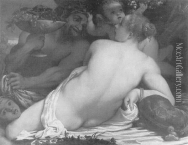 Venus, A Satyr And Two Amorini Oil Painting - Annibale Carracci