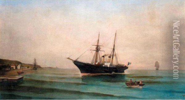 A French Steamer In A Greek Harbour Oil Painting - Constantinos Volanakis