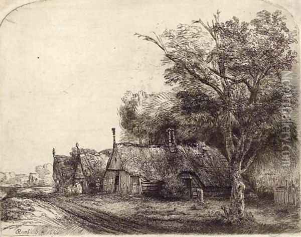 Landscape with three gabled Cottages beside a Road Oil Painting - Rembrandt Van Rijn